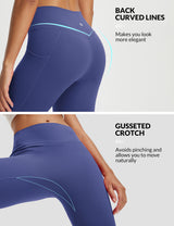 Women's deep blue 21" capris showing butt-lifting curved back seams and gusseted crotch. #color_Navy Blue