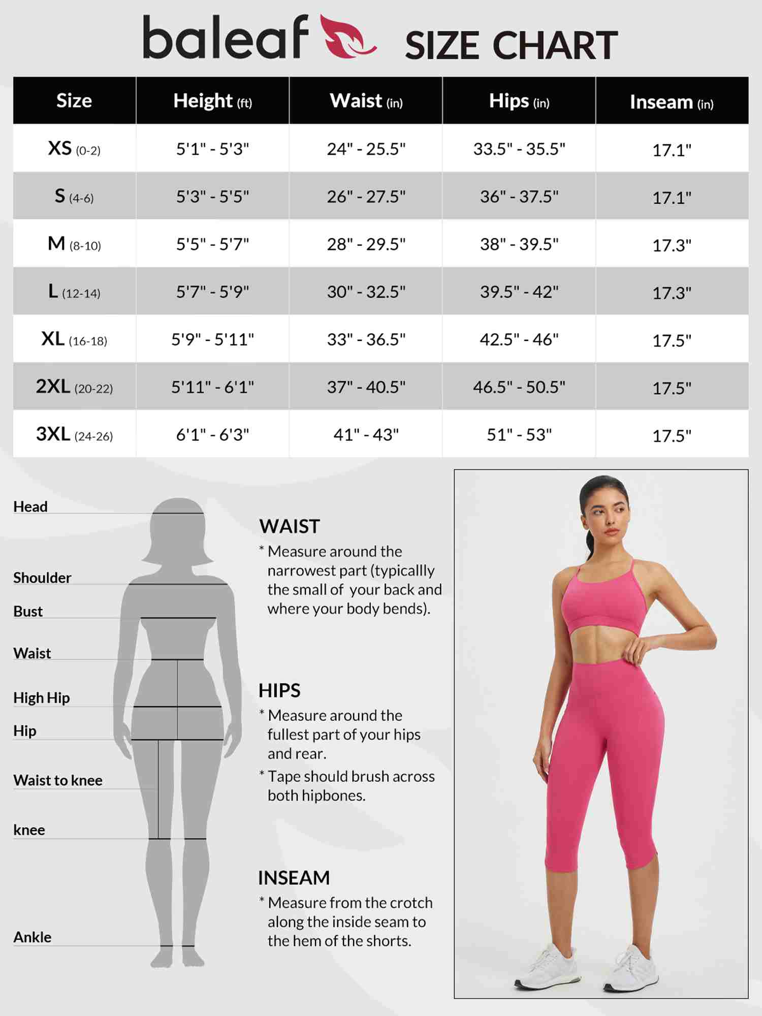 Baleaf women's size chart for capris: Size, Height, Waist, Hips, Inseam. Body measurement diagram. #color_Dark Gray