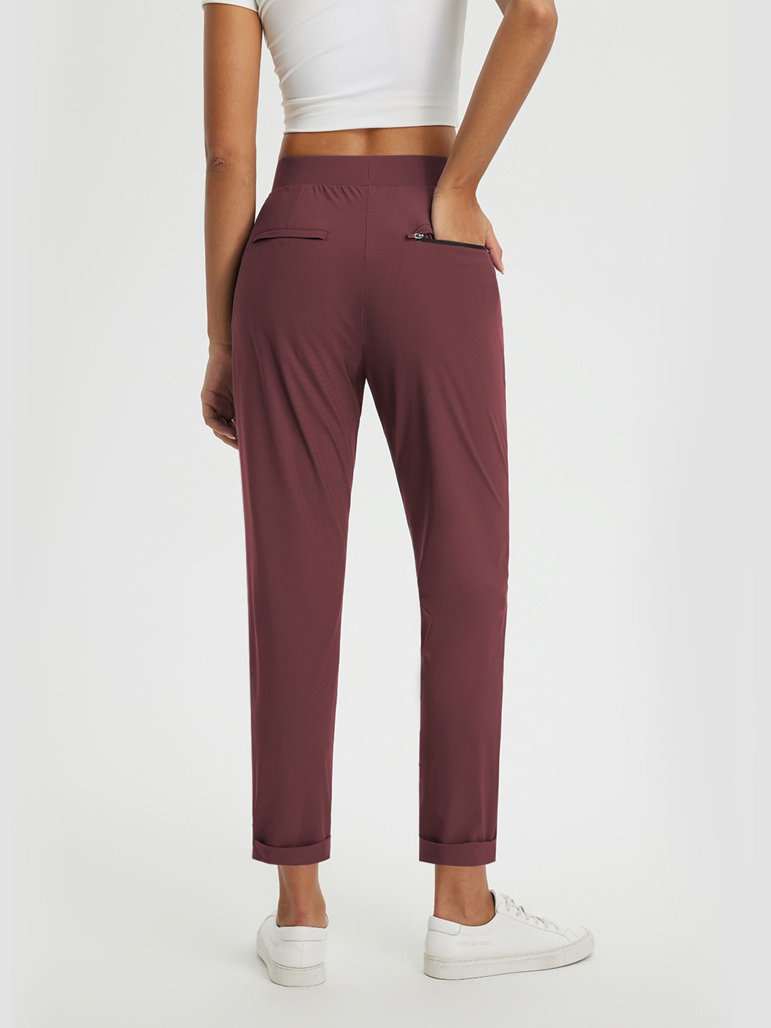 Burgundy high-rise tapered trousers for casual sun protection set. #color_Burgundy