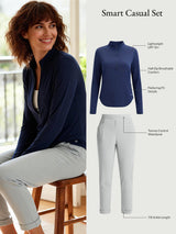 Smart Casual Set: Navy UPF 50+ half-zip tee and light grey tapered trousers for travel.