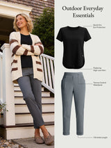 Outdoor everyday essentials set: black UPF shirt and grey tapered trousers.