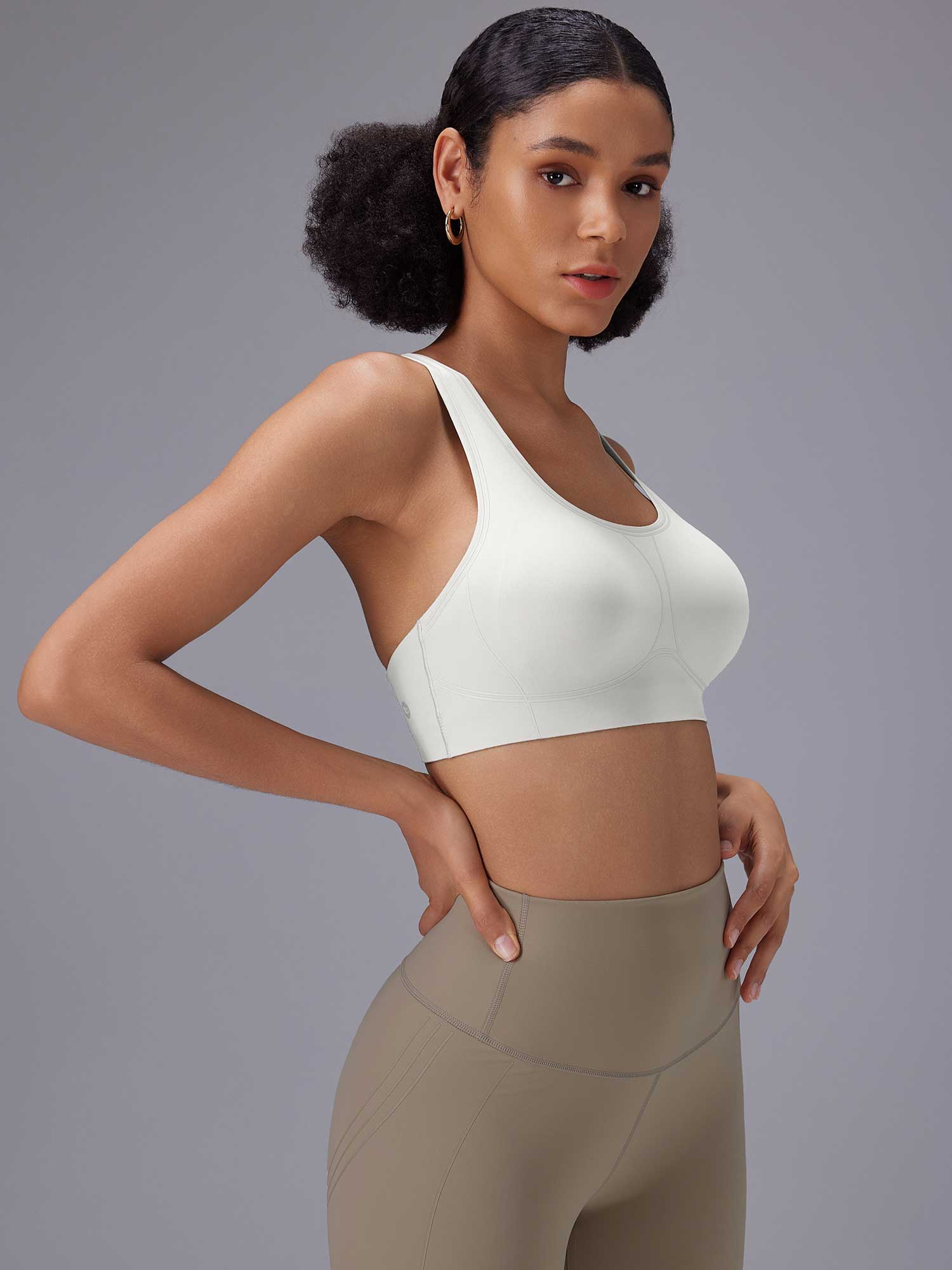 Everyday Yoga Comfort Set: white sports bra and taupe high-rise leggings. #color_White