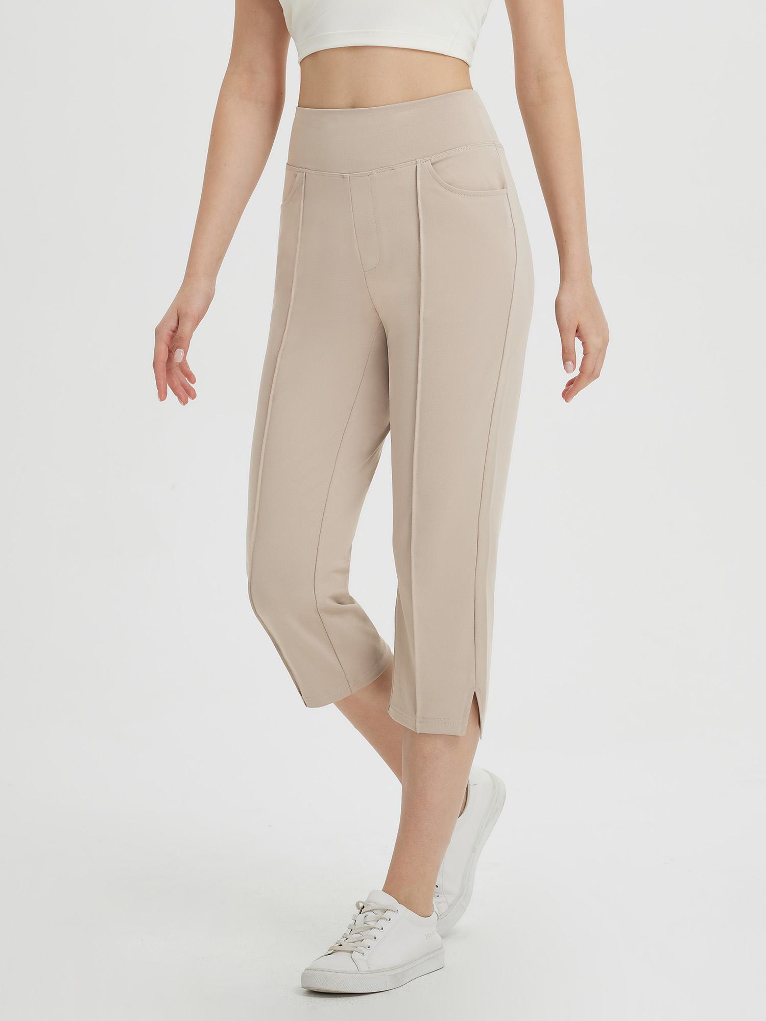 Women's high-waisted beige capri pants with a 21-inch inseam, four pockets, and split hem. #color_Khaki