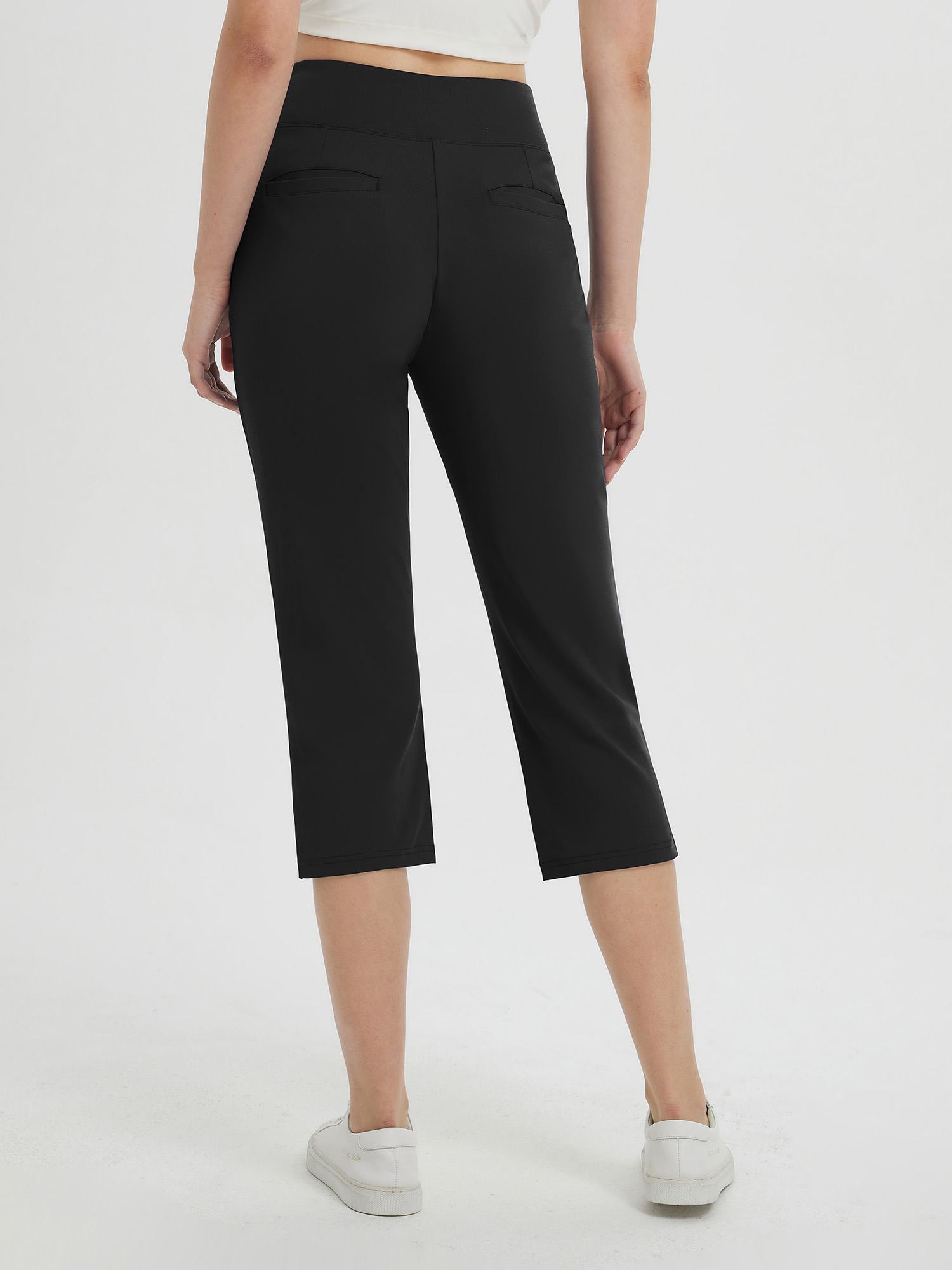 Women's black high-waisted capri pants with straight leg and back pockets. #color_Black