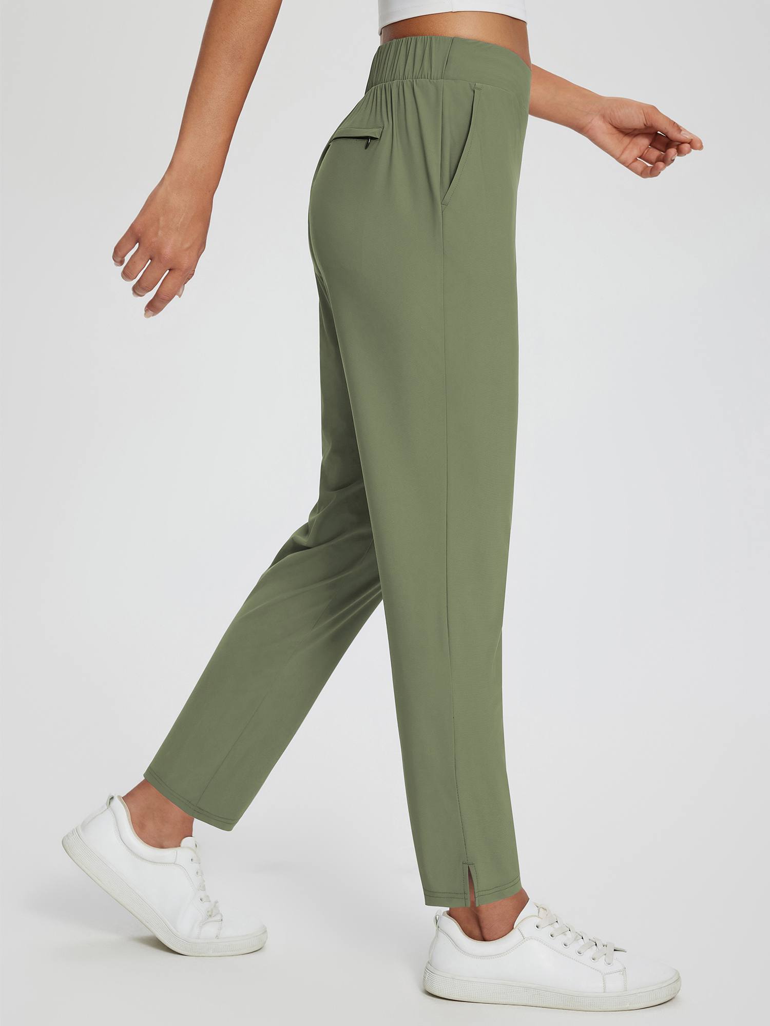 Olive green high-waist tapered yoga pants, business casual, with split hem and pockets. #color_Army Green