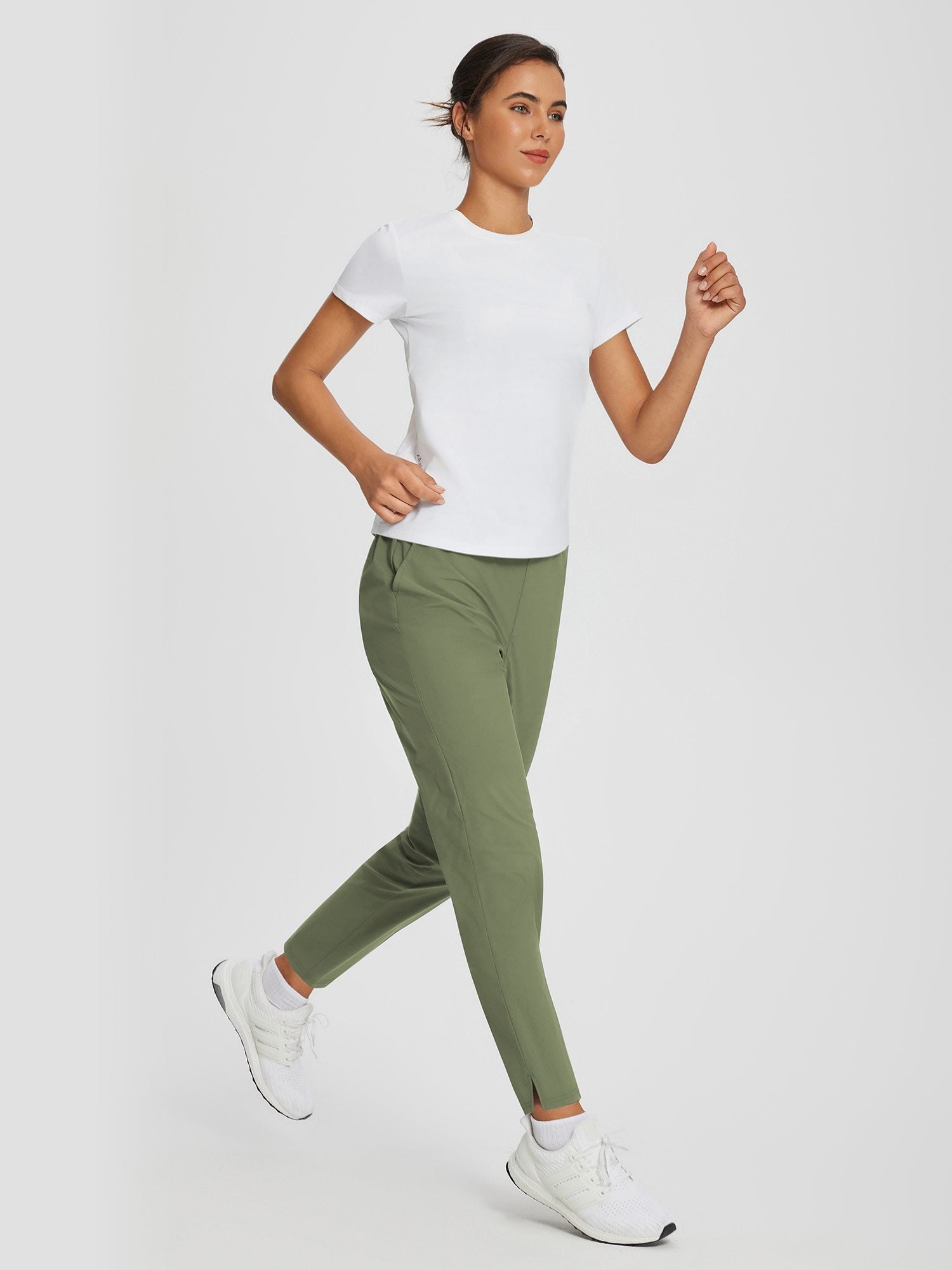 Sculpt high-waist tapered yoga pants in olive green with split hem detail #color_Army Green