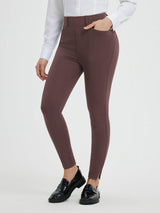 Women's brown high-waisted business-yoga pants with split hem and pockets. #color_Dark Brown