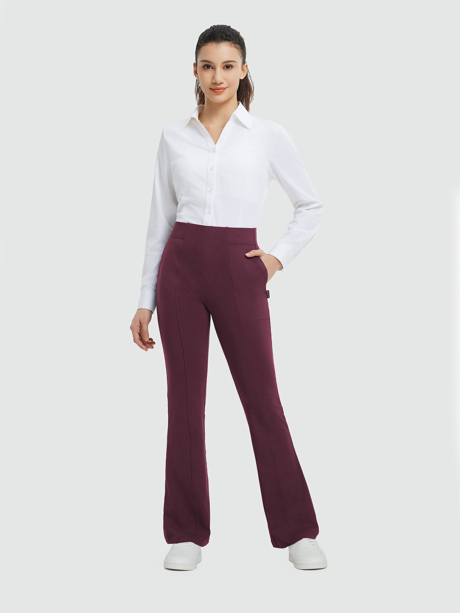 Burgundy high-waisted flared bootcut pants, soft stretch for business & yoga. #Color_Wine Red