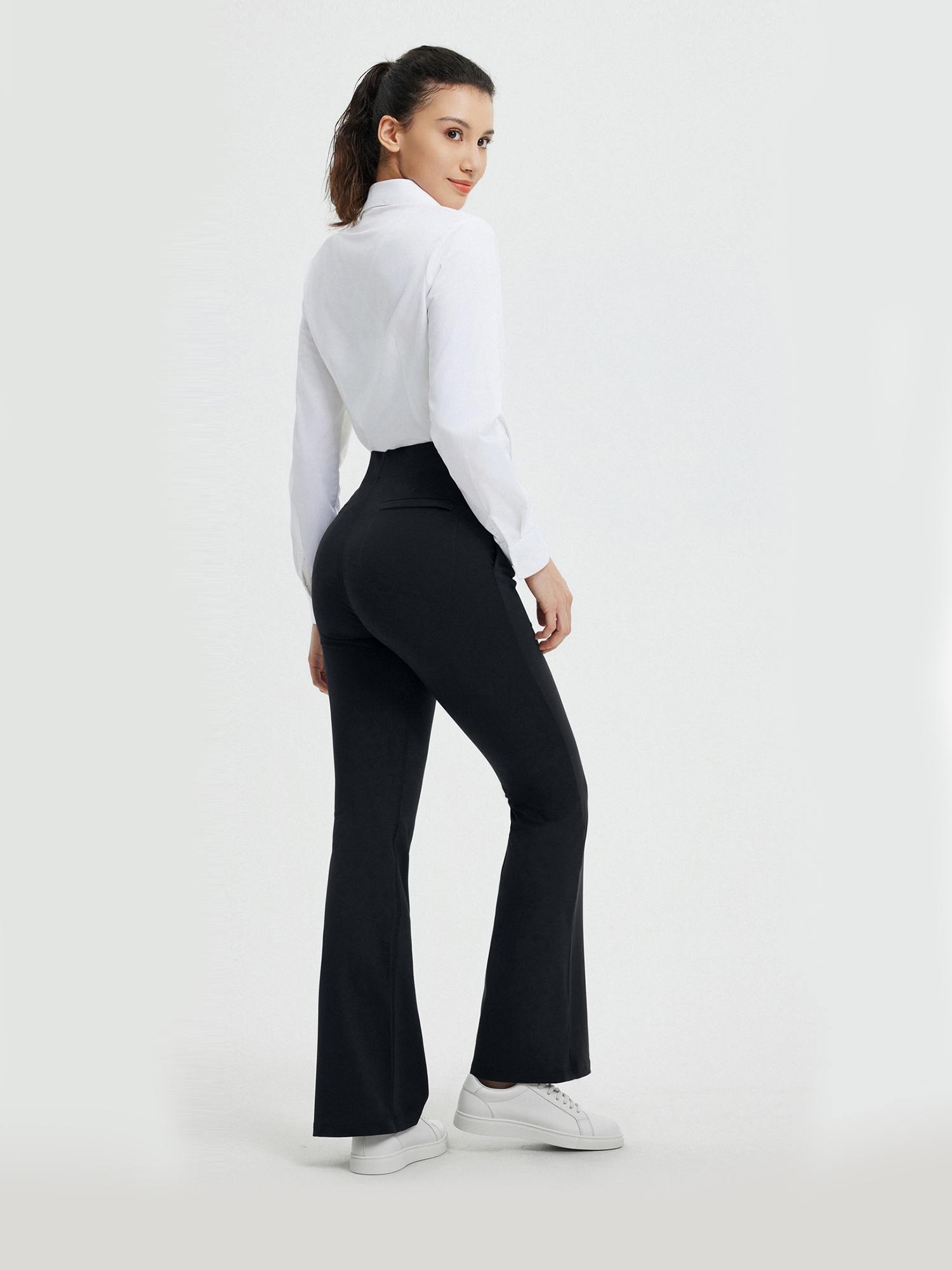 Women's black high-waisted bootcut pants for yoga and business #Color_Black