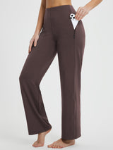 Brown Yoga Commuter high-waisted wide-leg pants with zippered pocket detail. #Color_Dark Brown