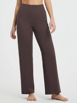 Brown high-waisted wide-leg pants with faux fly and secure pockets for commuting or yoga. #Color_Dark Brown