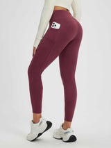 Women's burgundy heathered fleece high-waisted yoga leggings with side phone pocket #color_Wine Red