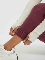 Burgundy fleece high-waisted leggings with cream thumbhole top for yoga #color_Wine Red