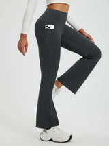 Charcoal high-waisted fleece-lined flared yoga pants with phone pocket #color_Black