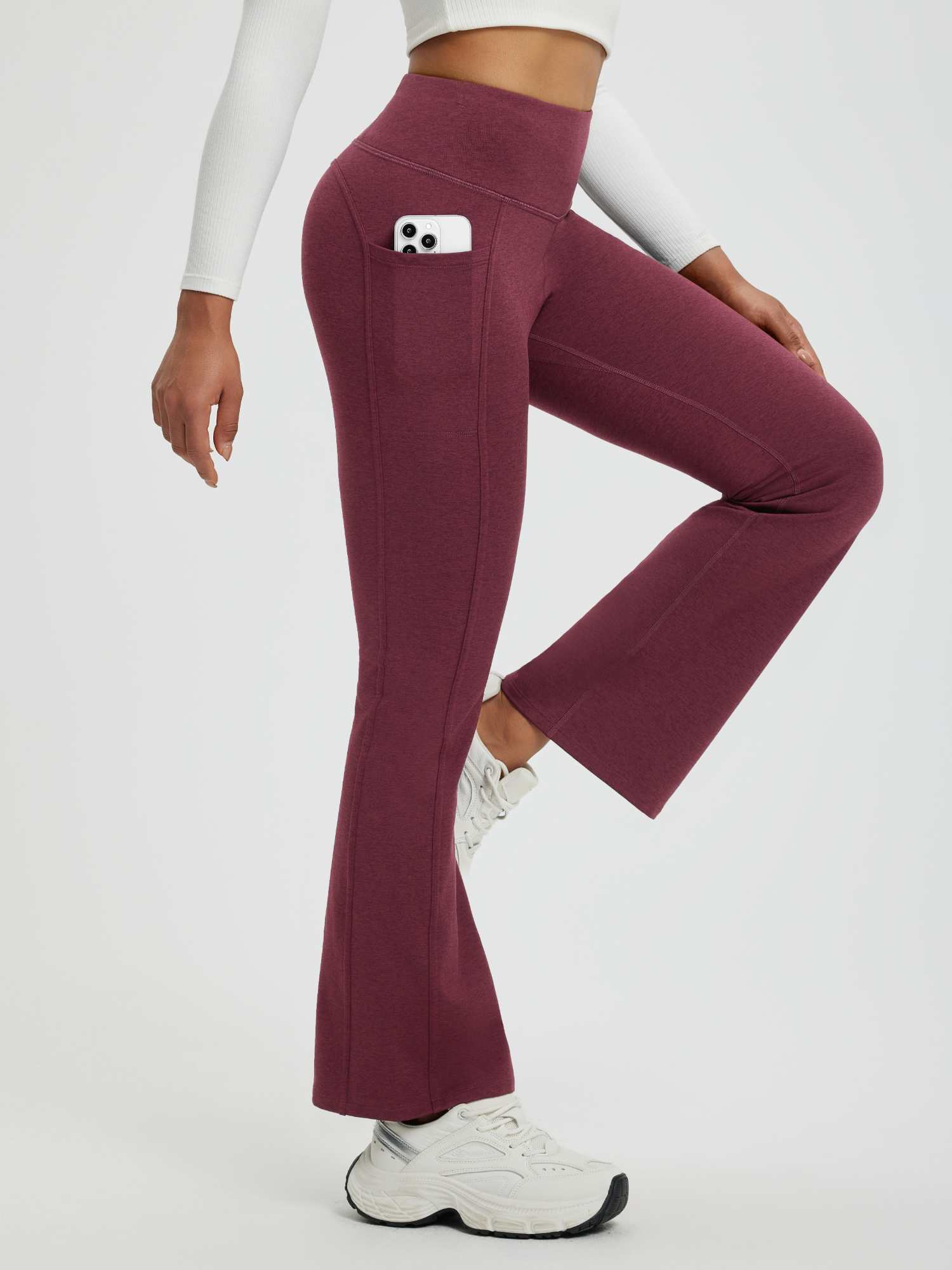 Burgundy floral fleece high-waisted flared yoga pants with side phone pocket #color_Wine Red