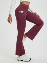 Burgundy floral fleece high-waisted flared yoga pants with side phone pocket #color_Wine Red