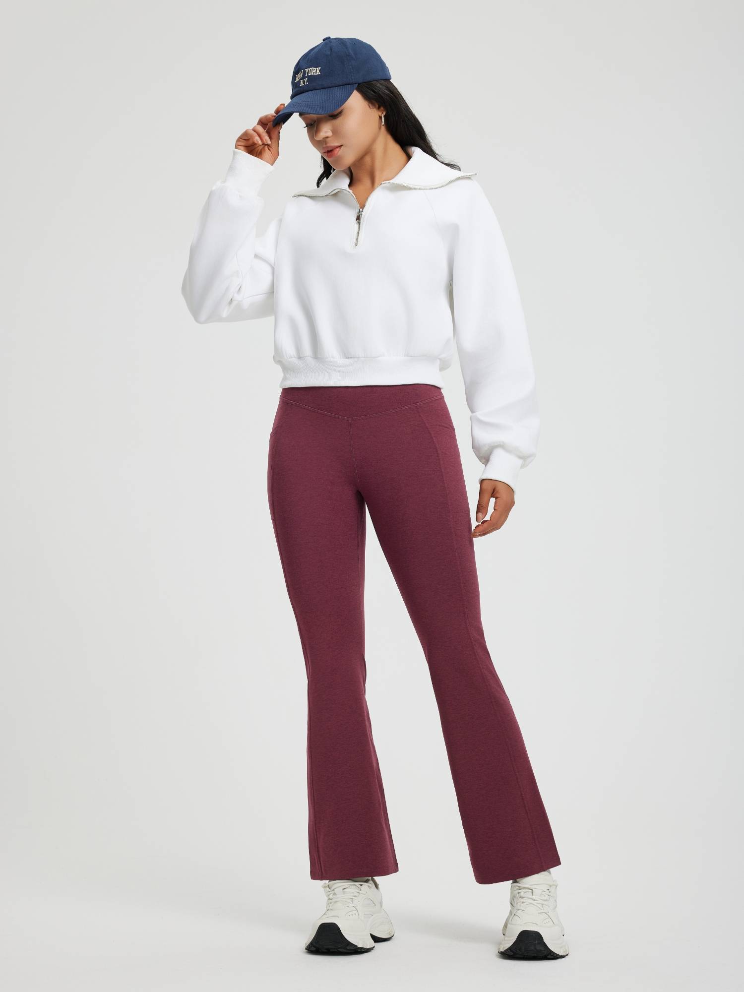 Women's burgundy floral fleece high-waisted flared yoga pants #color_Wine Red