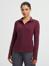 Women's burgundy fleece-lined long-sleeve activewear top with half-snap & thumbholes. #color_Wine Red