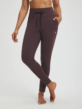 Women's plum fleece yoga leggings with cuffed ankles, high waist, drawstring, pockets. #color_Dark Brown