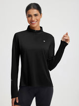 Baleaf women's black UPF 50+ half zip cycling jersey with reflective cuff. #color_Black