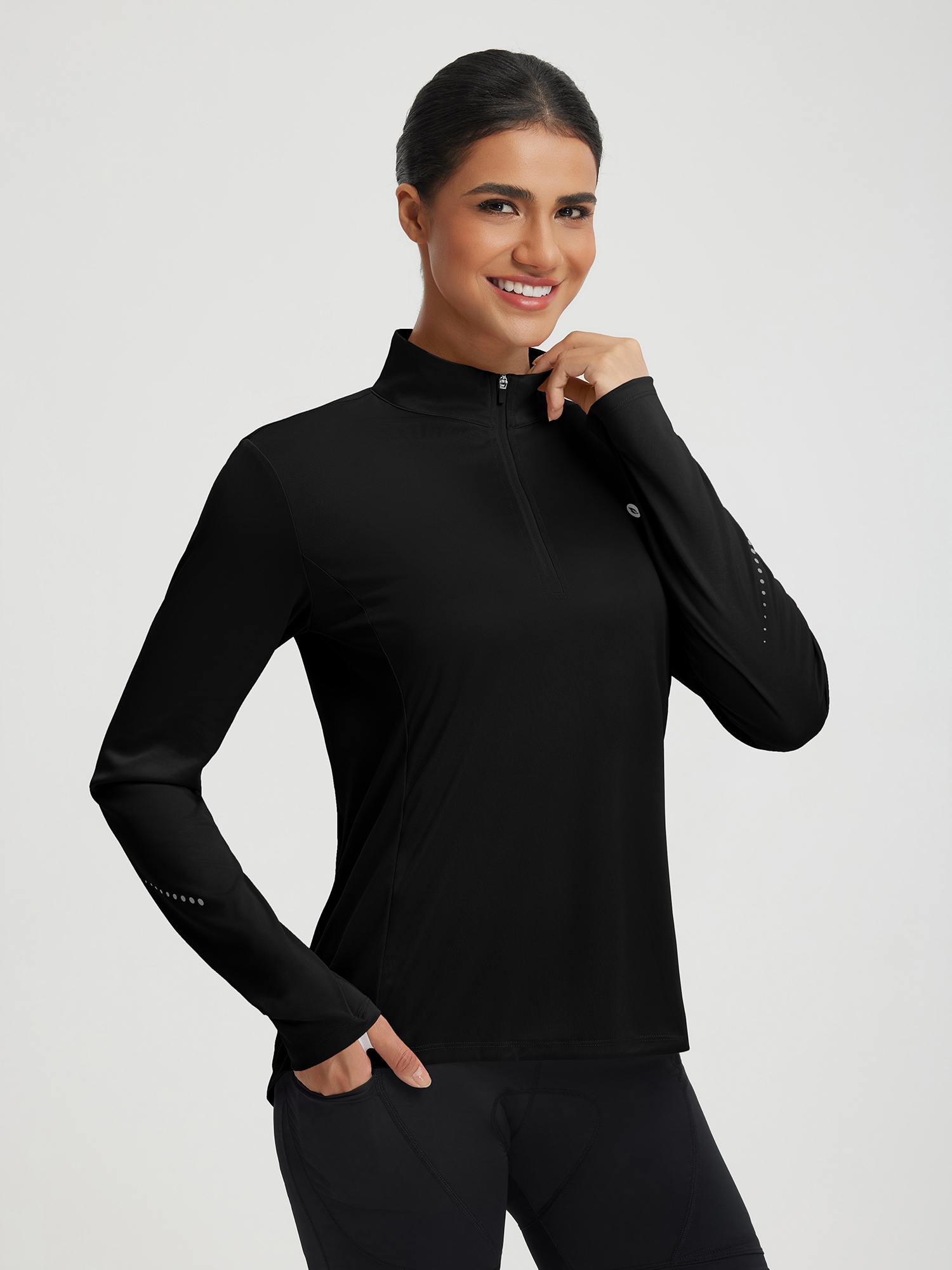 Baleaf women's black UPF 50+ half zip cycling jersey with thumbholes & reflective accents. #color_Black