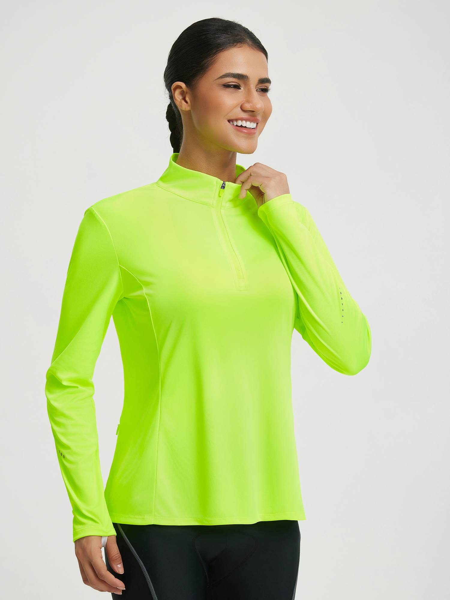 Baleaf neon yellow UPF 50+ half-zip cycling jersey with reflective details. #color_Fluorescent Green
