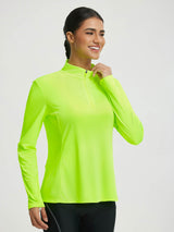 Baleaf neon yellow UPF 50+ half-zip cycling jersey with reflective details. #color_Fluorescent Green