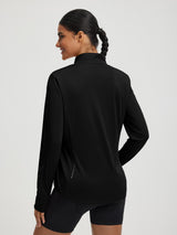 Baleaf women's black UPF 50+ half zip cycling jersey with reflective prints. #color_Black