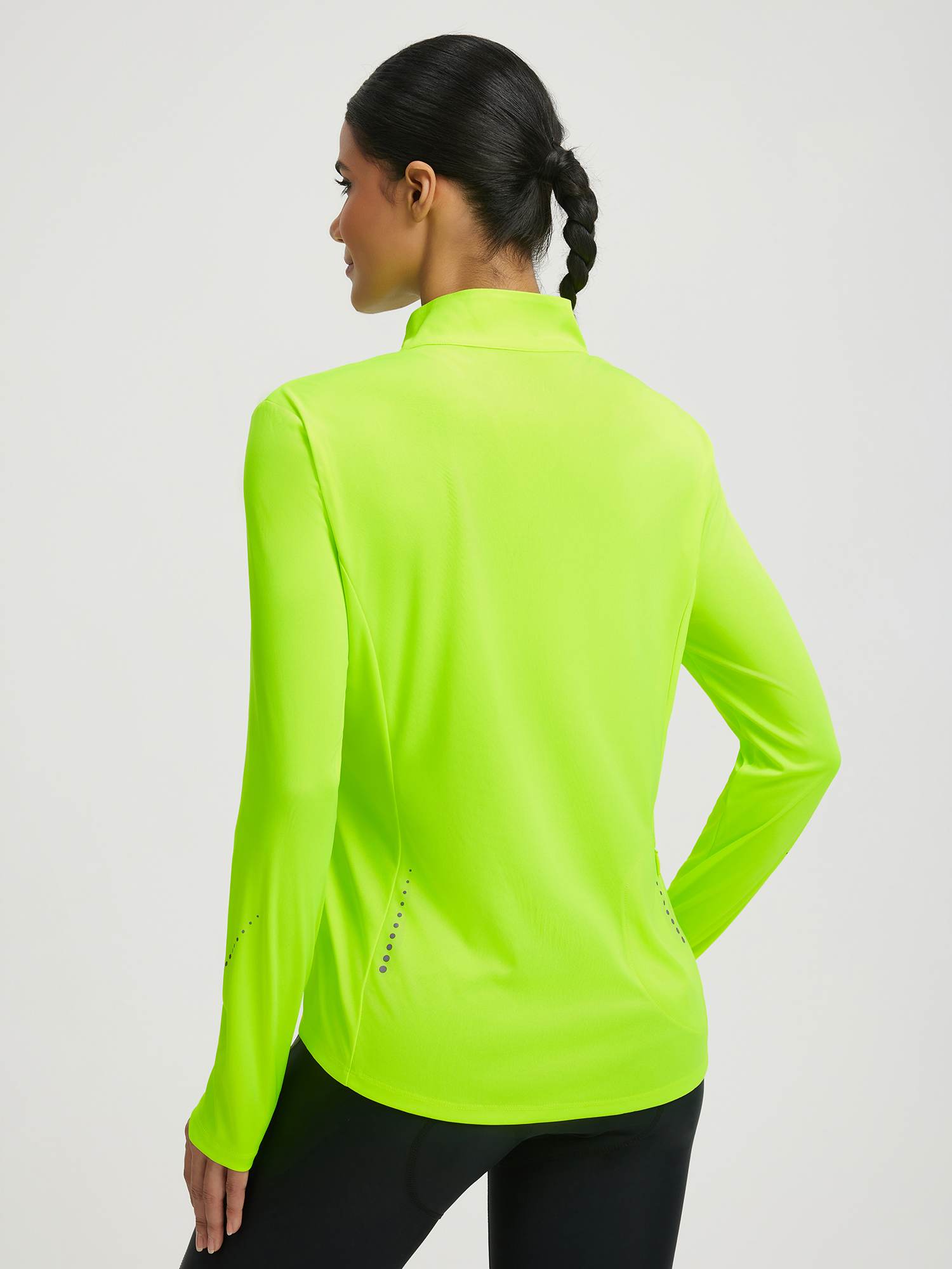 Baleaf UPF 50+ neon yellow women's half zip cycling jersey, long sleeve with reflective details.
