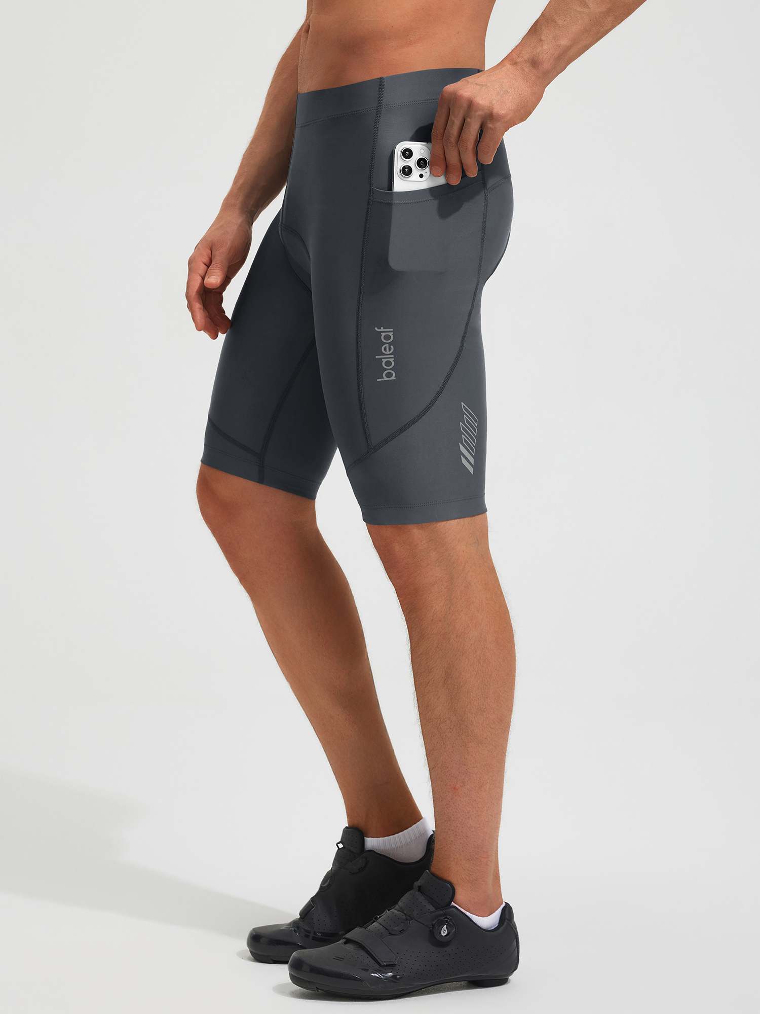 Baleaf 4D 10" padded charcoal bike shorts with side phone pocket #color_Dark Gray