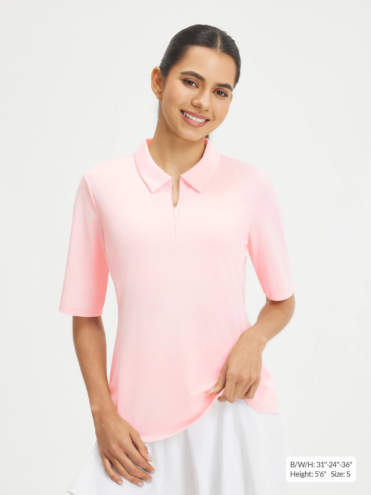Baleaf pink UPF 50+ half sleeve polo shirt, lightweight, stretchy, breathable fabric #color_Pink