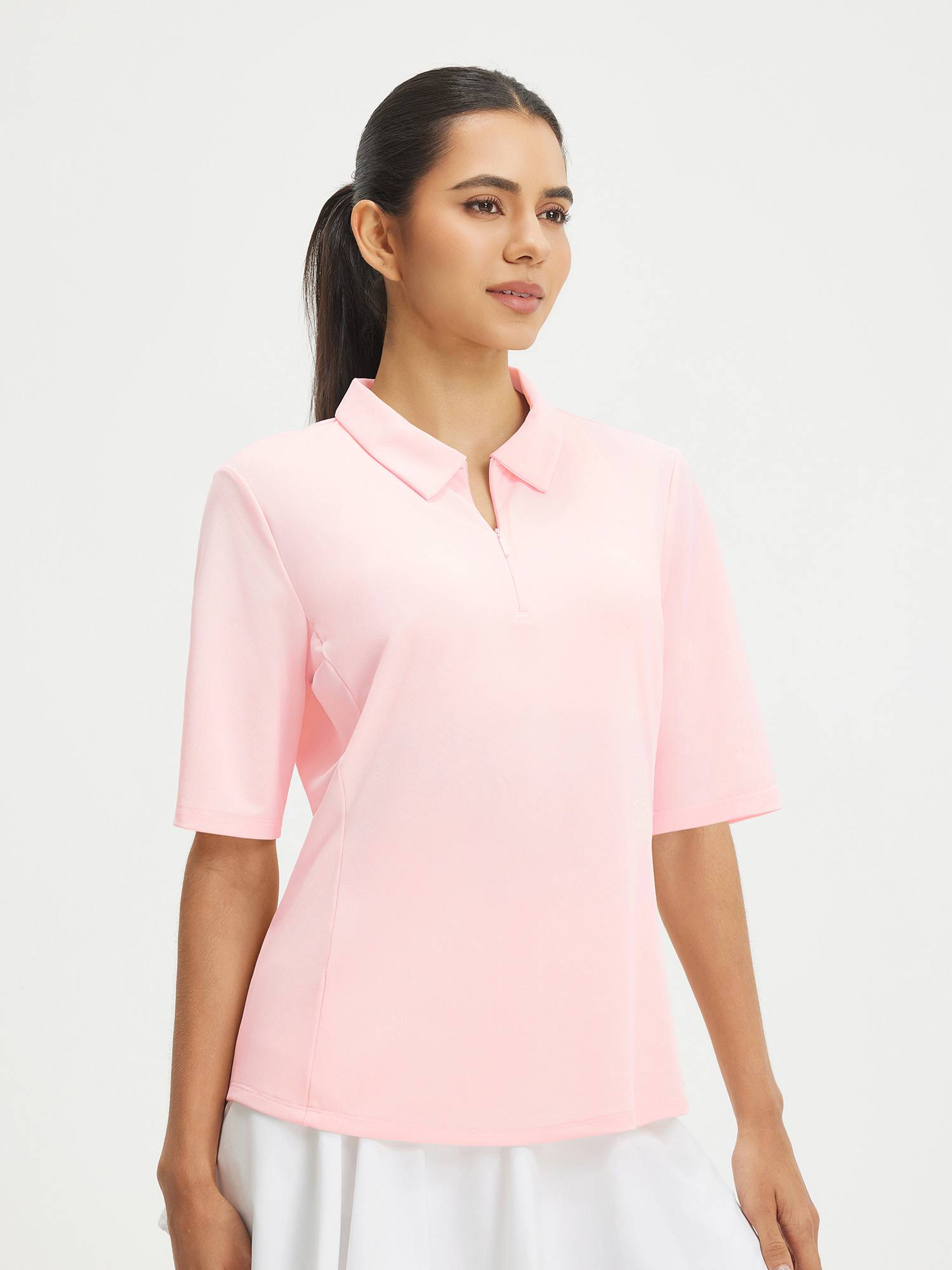 Baleaf women's light pink UPF 50+ half sleeve polo shirt with zipper #color_Pink