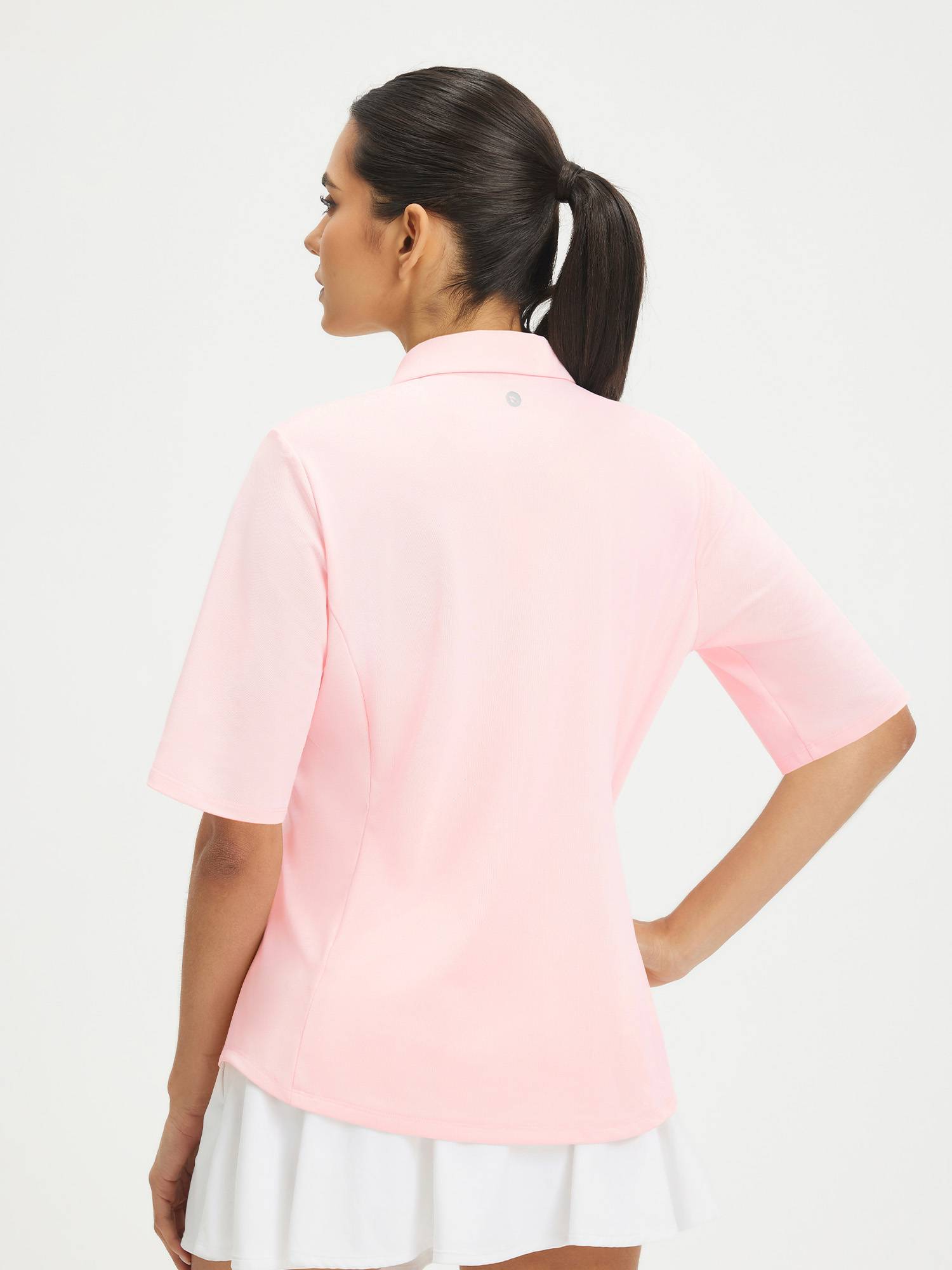 Back view of Baleaf women's pink UPF 50+ half sleeve polo shirt #color_Pink