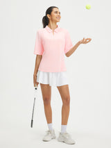 Baleaf UPF 50+ half sleeve polo shirt in pink, women's stretchy moisture-wicking fabric. #color_Pink