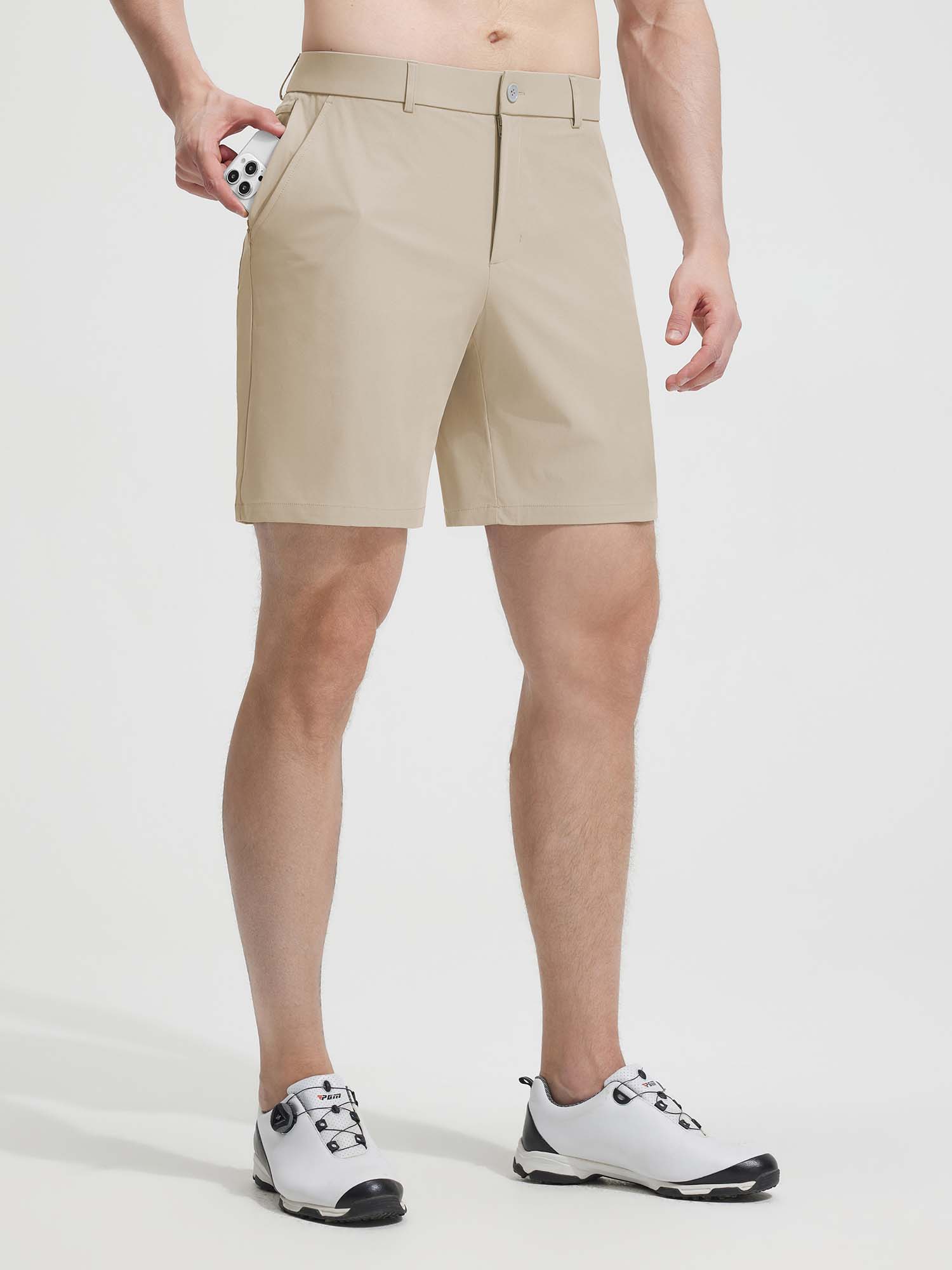 Baleaf men's khaki 7" inseam golf shorts, UPF 50+, classic fit, showing pocket detail. #color_Khaki