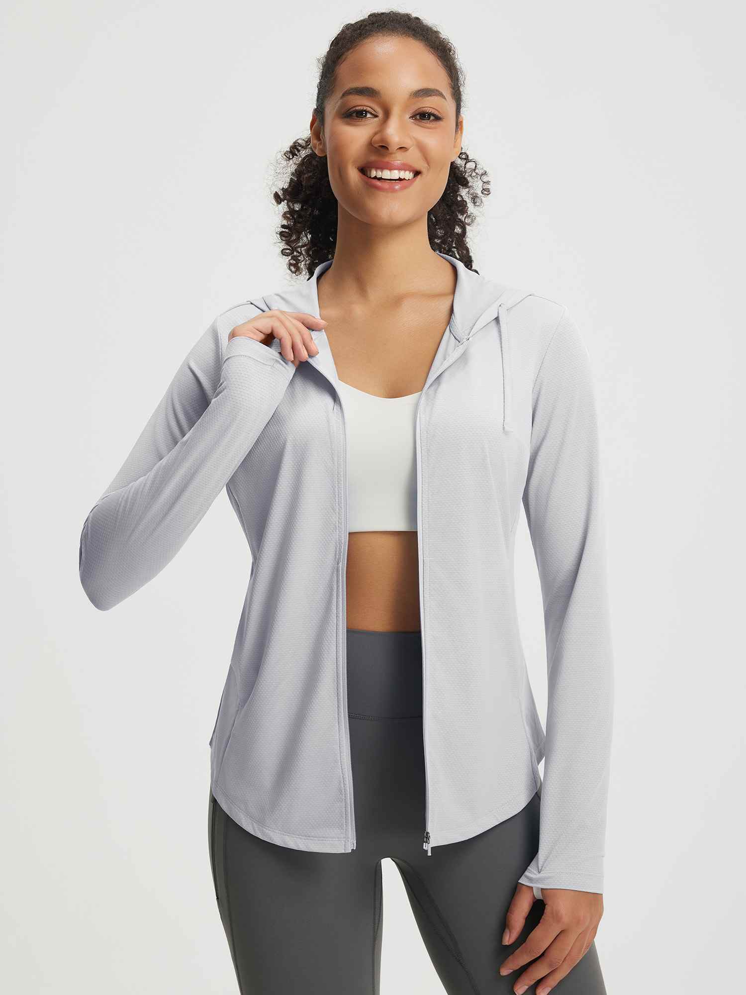 Baleaf women's light grey UPF 50+ lightweight sun jacket with hood and thumbholes. #color_Light Gray