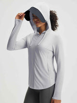 Baleaf grey lightweight UPF 50+ sun jacket, removable brim, thumbhole cuffs. #color_Light Gray