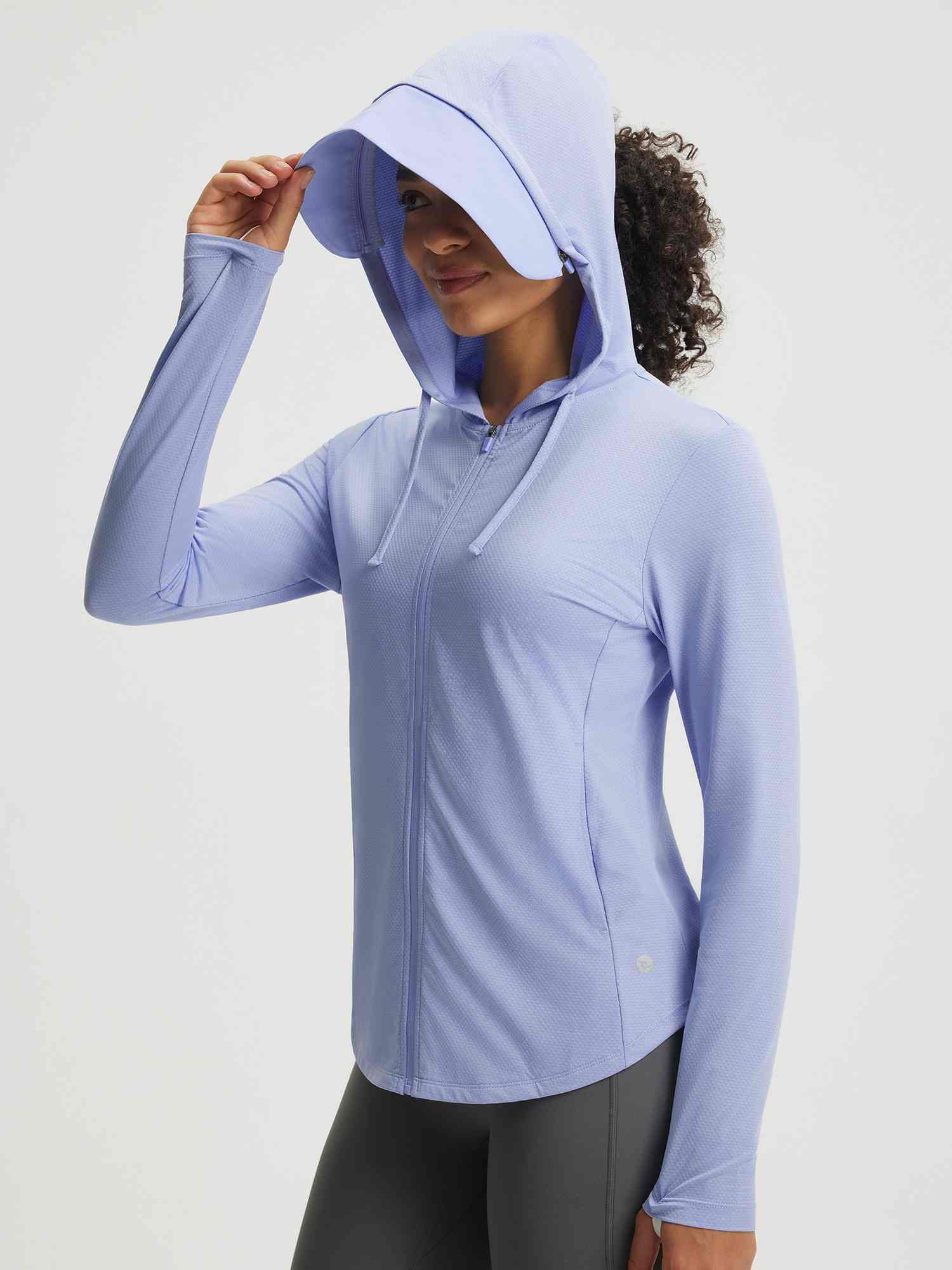 Baleaf UPF 50+ light purple sun jacket with removable brim hood and thumbhole cuffs. #color_Blue