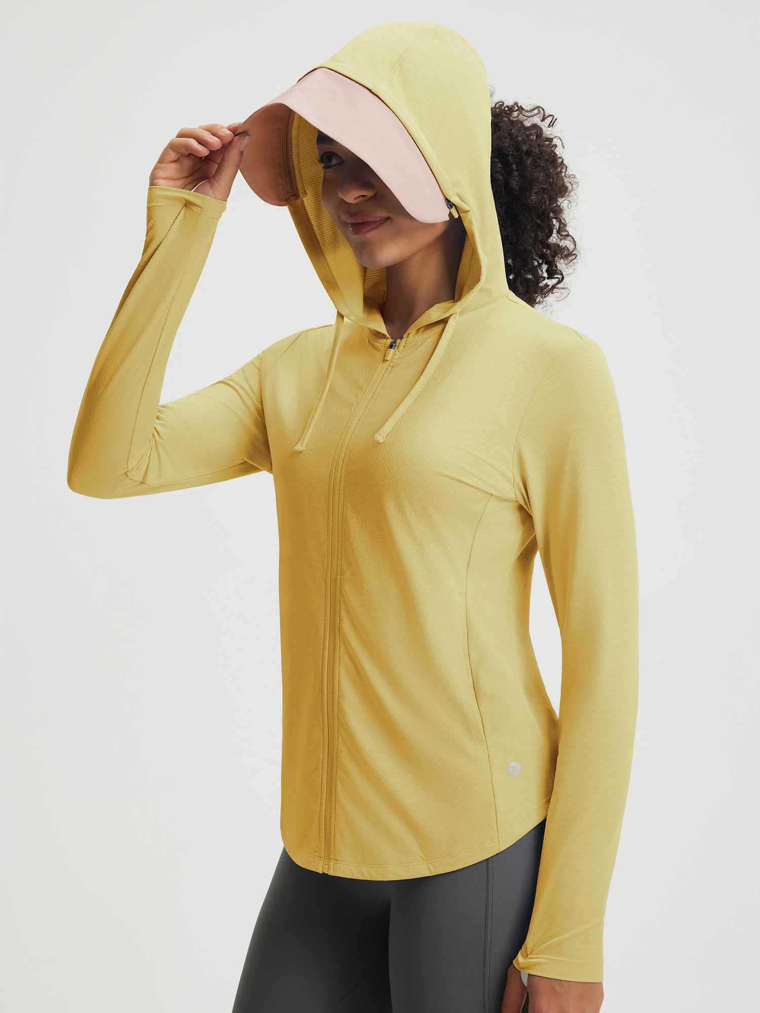 Yellow UPF 50+ lightweight hooded sun jacket for sport leisure set. #color_Yellow
