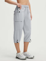 Baleaf women's lightweight light grey 7-pocket cargo capri pants, adjustable ankles. #color_Light Gray