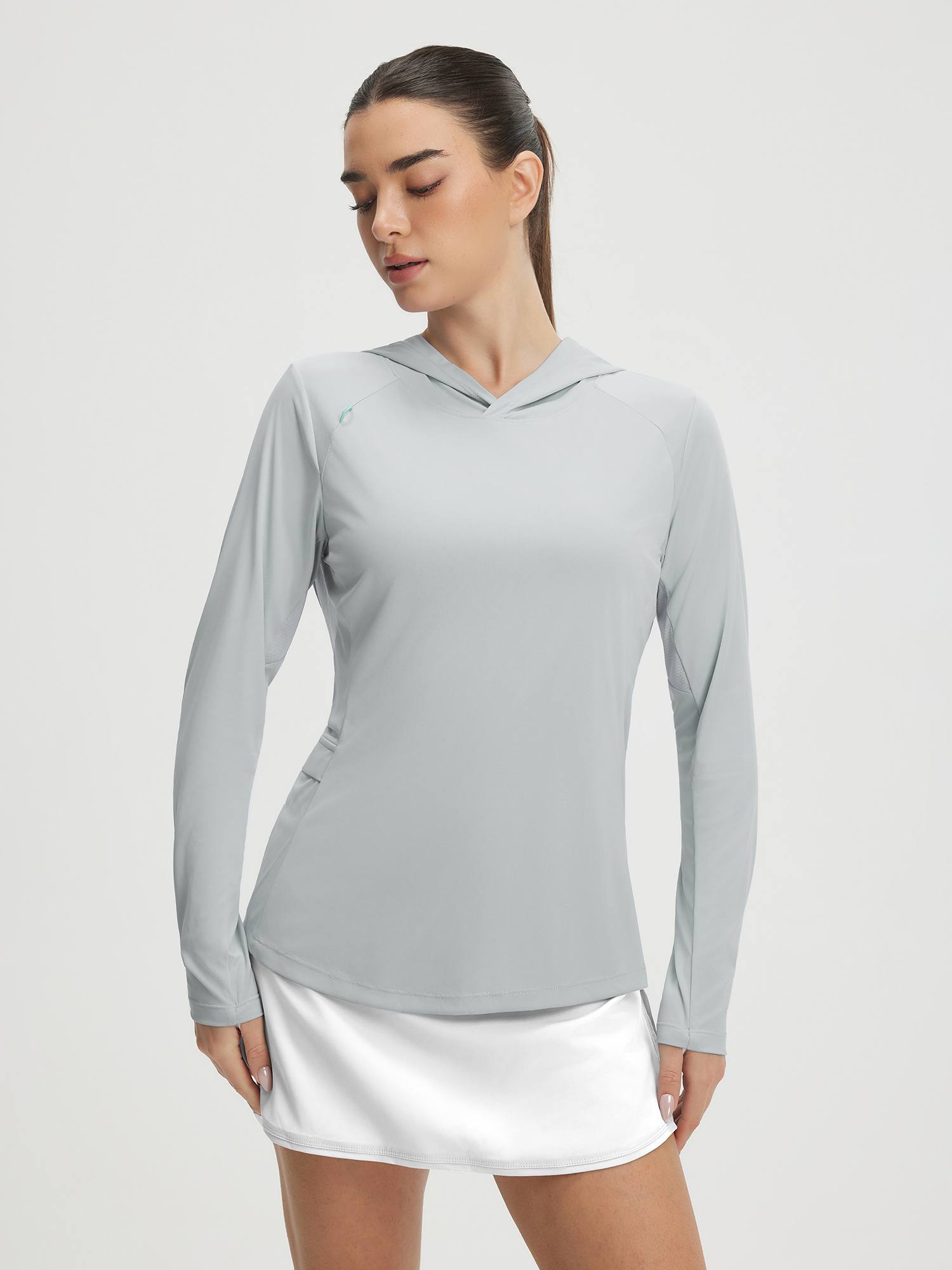 Baleaf light grey UPF 50+ women's lightweight sun shirt hoodie with teal logo #color_Light Gray