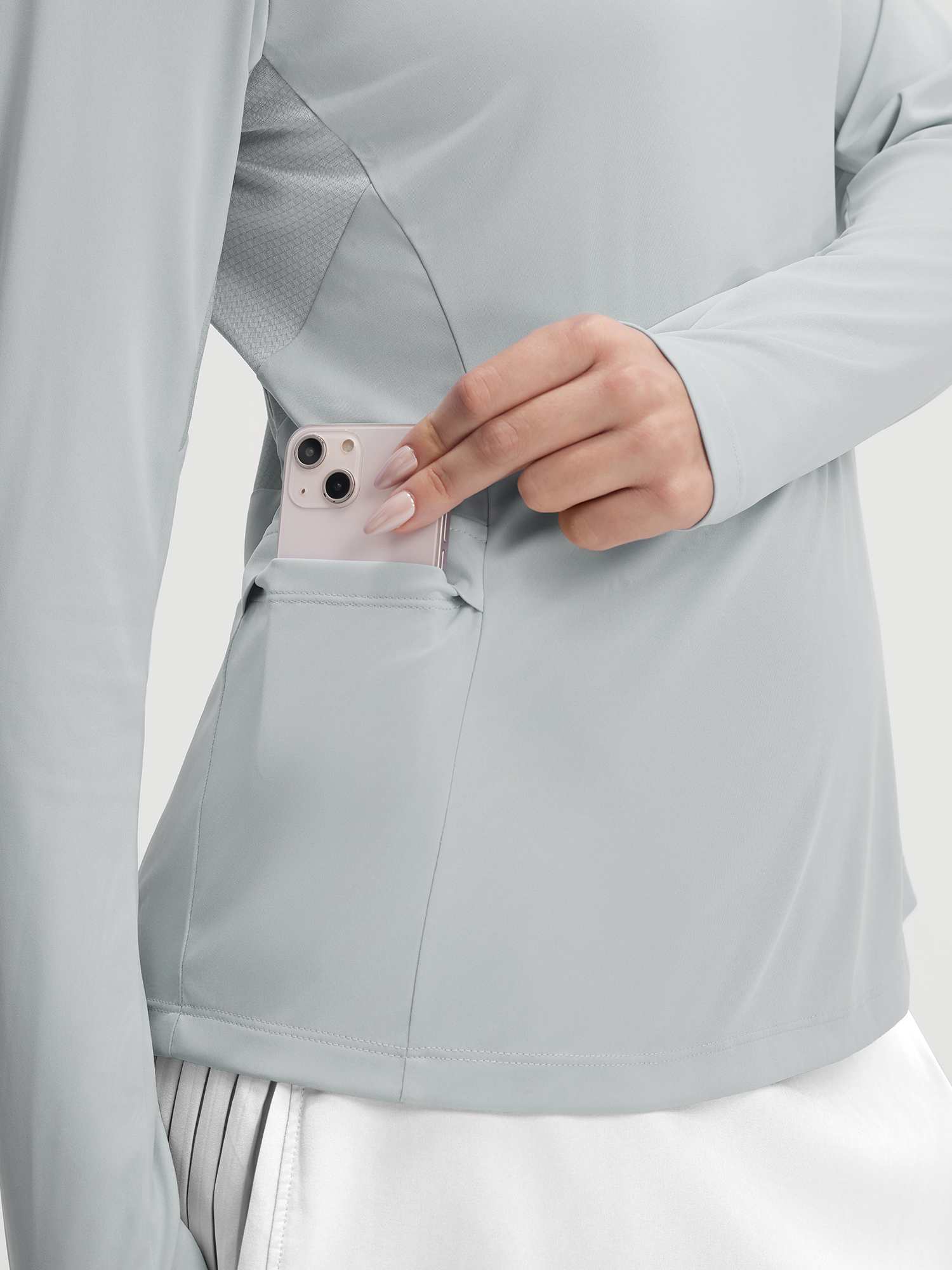 Baleaf UPF 50+ lightweight sun shirt, light grey, with phone pocket & mesh panels. #color_Light Gray