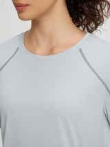 Close-up of Baleaf light grey UPF 50+ short-sleeve shirt with crew neck and raglan stitching. #color_Light Gray