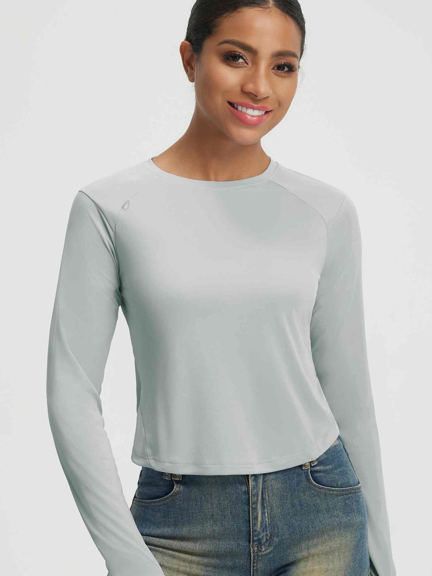 Baleaf UPF 50+ crew neck long-sleeve crop sun shirt, light grey #color_Light Gray