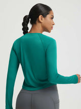 Baleaf teal UPF 50+ long-sleeve crop sun shirt, back view #color_Teal Green