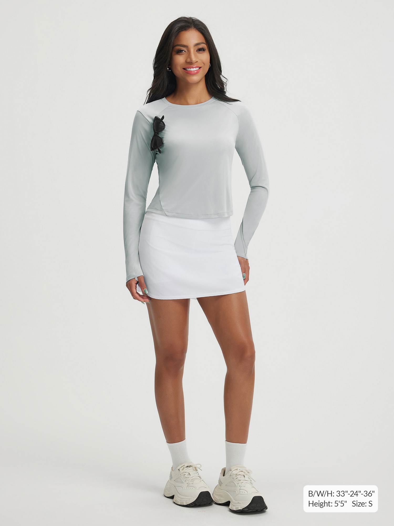 Baleaf UPF 50+ light grey long-sleeve crop sun shirt with crew neck and thumb loops #color_Light Gray