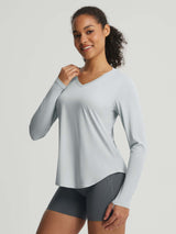 Baleaf light blue UPF 50+ V-neck long-sleeve shirt with thumbholes for women. #color_Light Gray