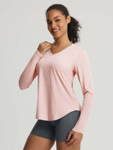 Baleaf women's light pink UPF 50+ V-neck long-sleeve performance shirt #color_Pink Dogwood