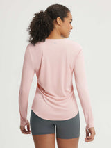 Back view of Baleaf pink V-neck long-sleeve UPF 50+ performance shirt with thumbholes #color_Pink Dogwood