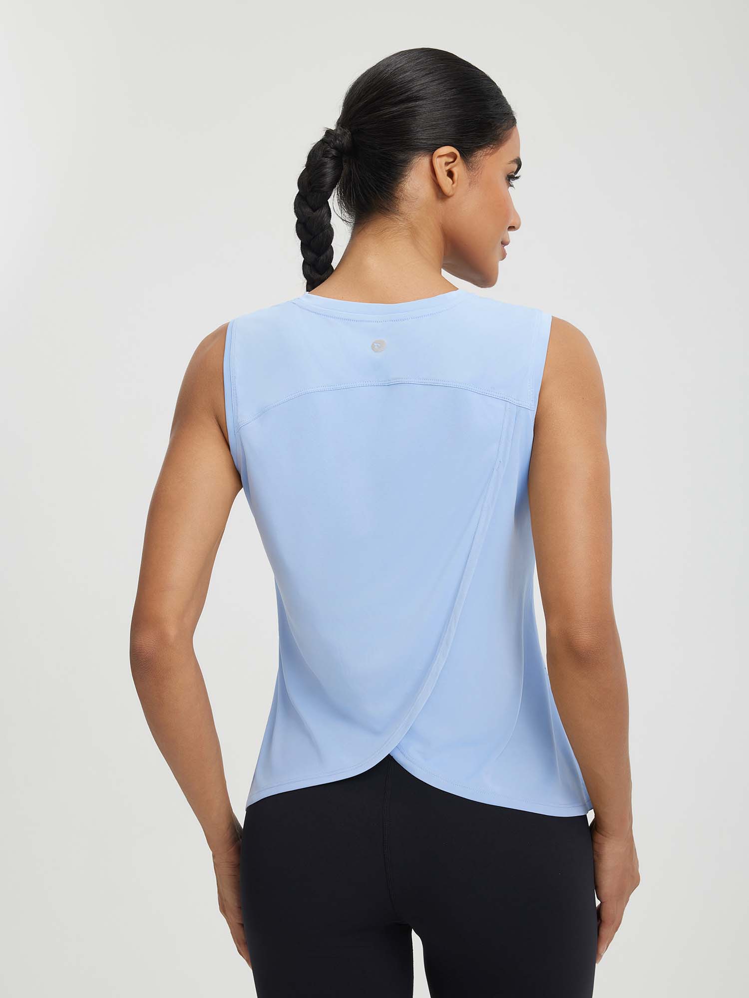 Baleaf UPF 50+ light blue athletic crop tank top with open split back and sleeveless design #color_Light Blue